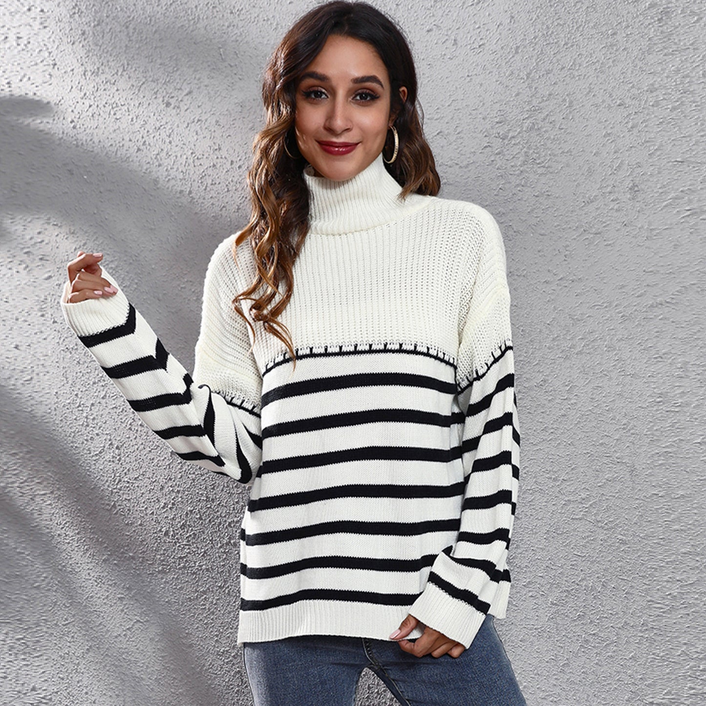 Ladies Comfortable Turtleneck Sweater with Modern Stripe Pattern Ivyshape
