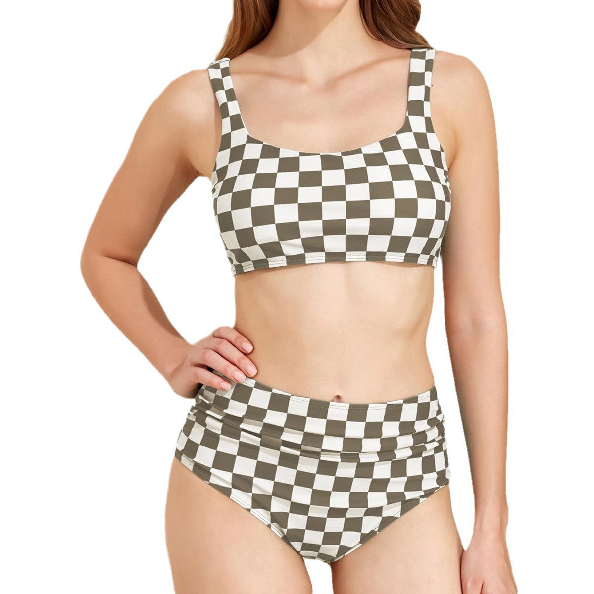 Women's High-Waisted Bikini Set with Check Pattern Ivyshape