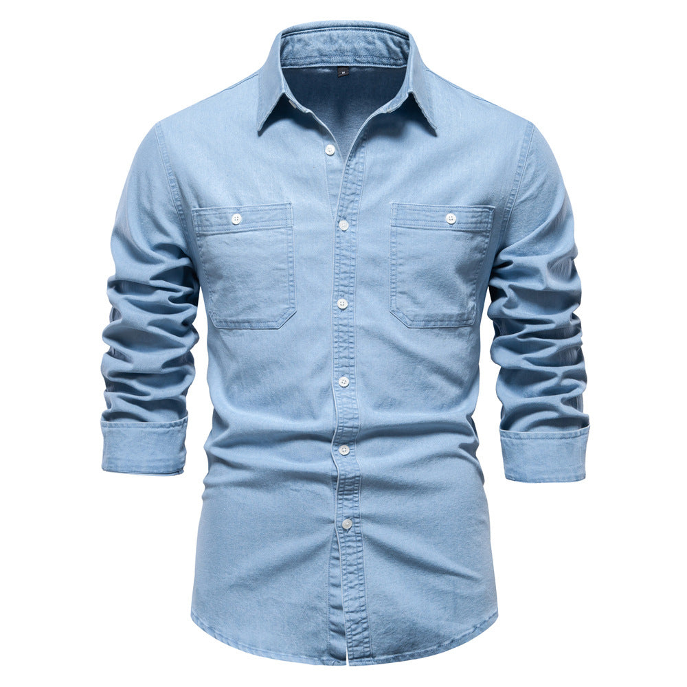 Men's denim shirt with double chest pockets and classic collar Ivyshape