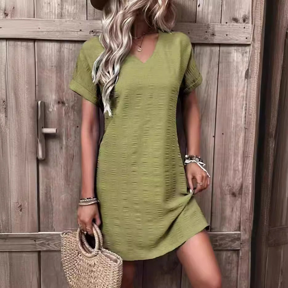 Women's V-neck Casual Linen Dress with Short Sleeves Ivyshape