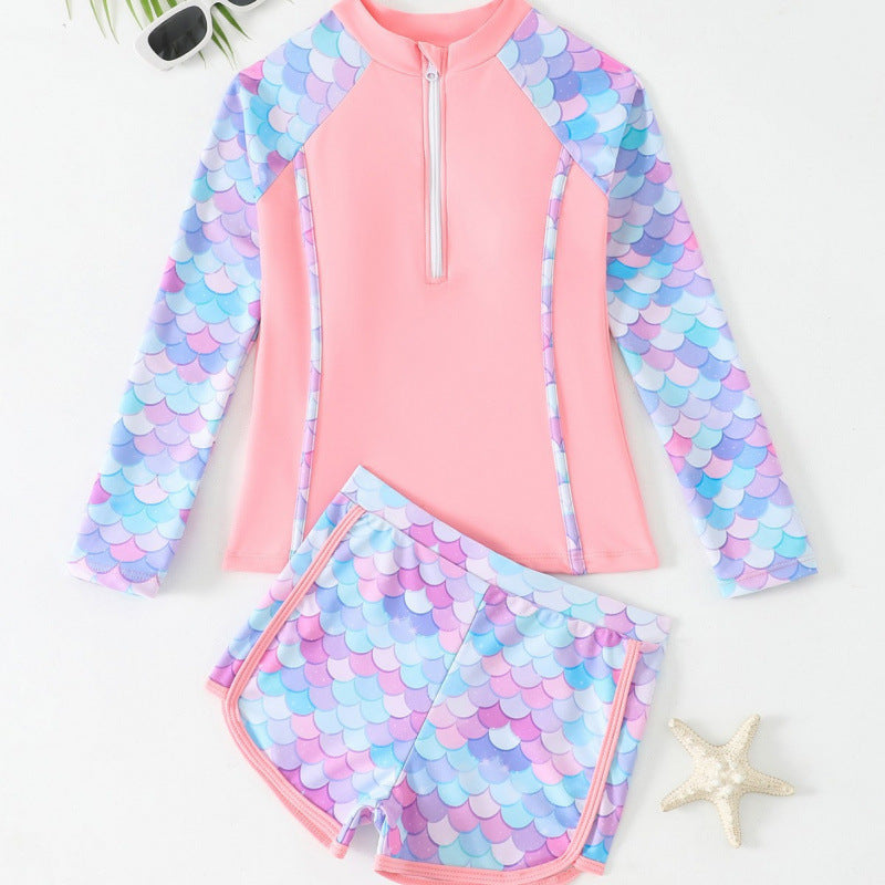 Ladies UV protection swimsuit set with zipper and stylish mermaid pattern Ivyshape