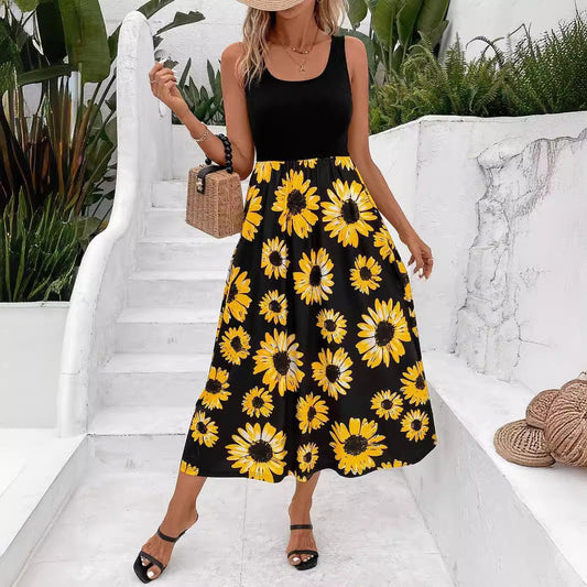 IvyShape | Elegant Patchwork Sunflower Print Dress