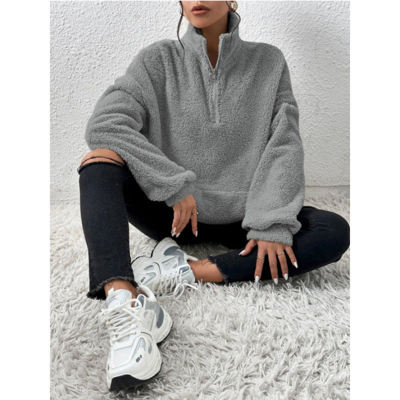 Ladies Fluffy Teddy Pullover with Half Zip and Kangaroo Pocket Ivyshape