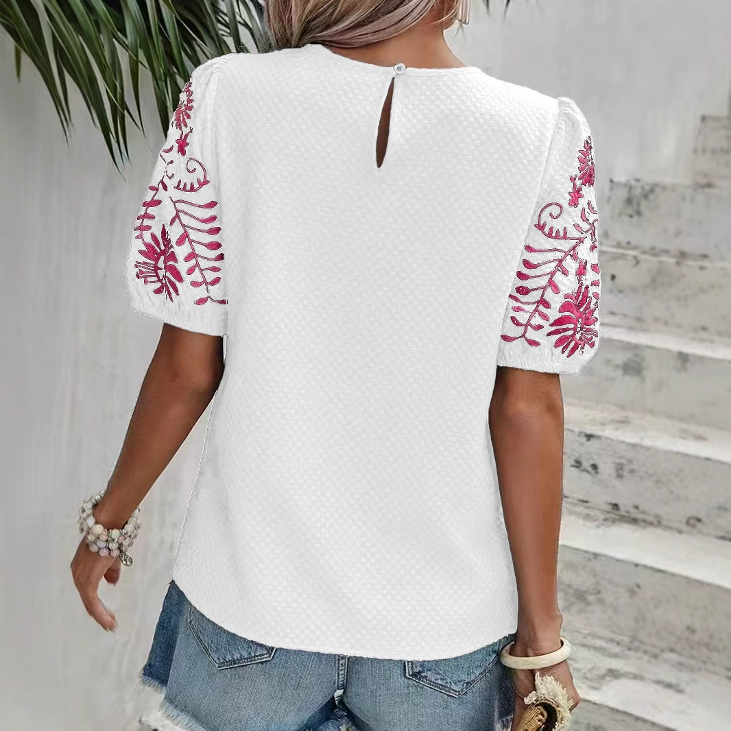 Women embroidered puff sleeve top Ivyshape