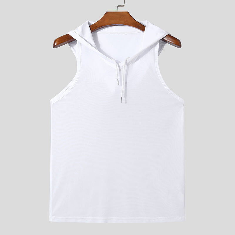 Men's Breathable Sports Tank Top with Hood and Practical Lacing Ivyshape