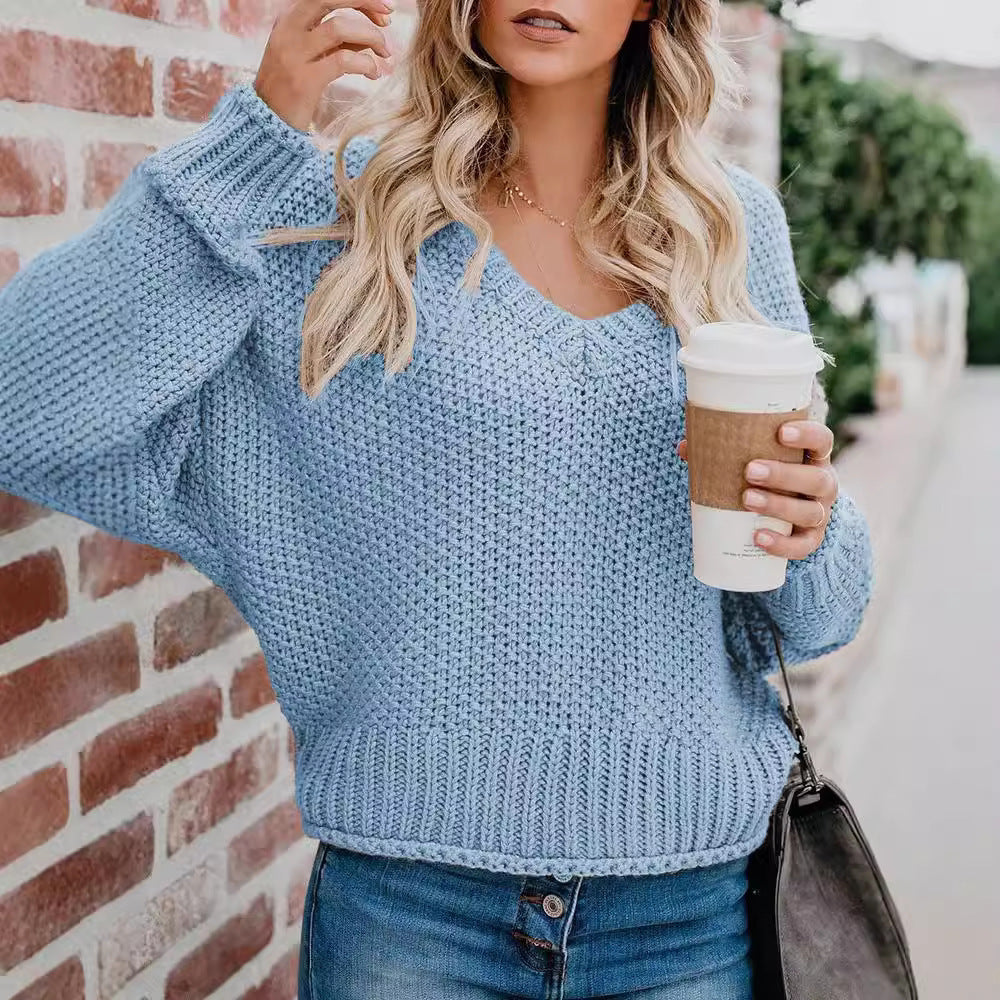 Women's casual V-neck sweater with a loose fit and textured knit Ivyshape