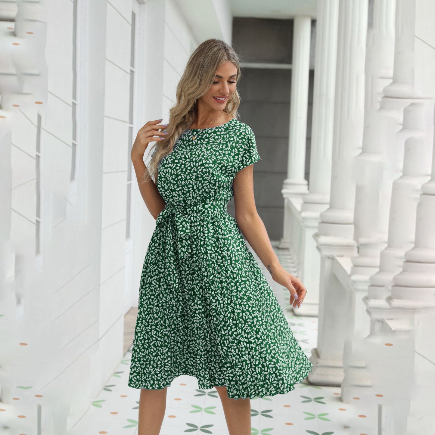 IvyShape | Floral Tie Waist Pleated Midi Dress