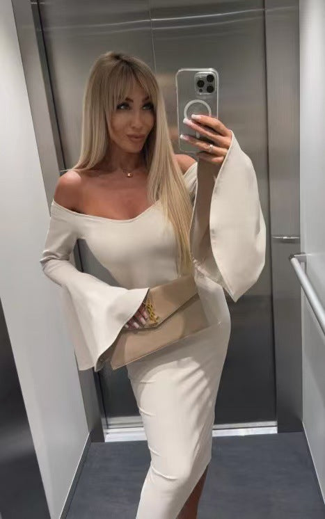 Ladies Elegant Long Sleeve Dress with Wide Sleeves and Slit Ivyshape