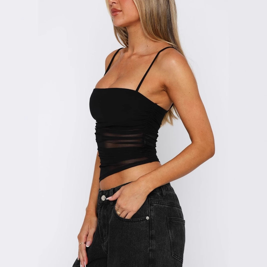 Women's fitted transparent top with ruching and narrow straps Ivyshape