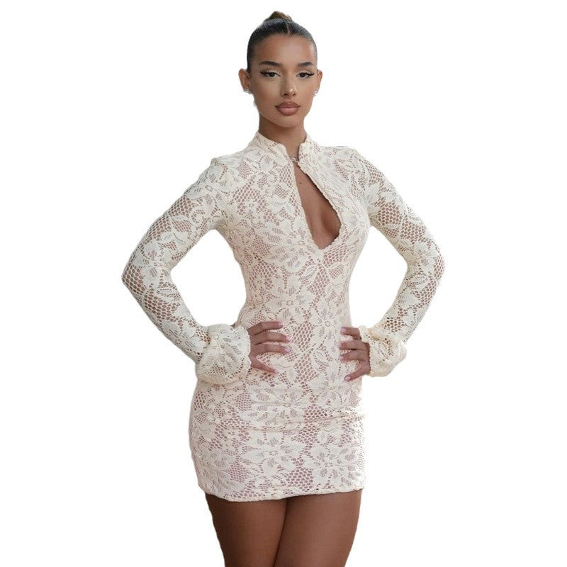 Women Figure-hugging Lace Dress with Unique Collar Ivyshape