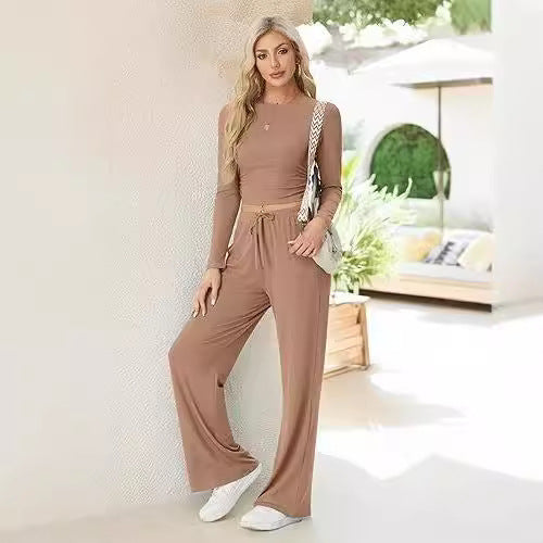 Ladies casual two-piece set with wide pants design Ivyshape