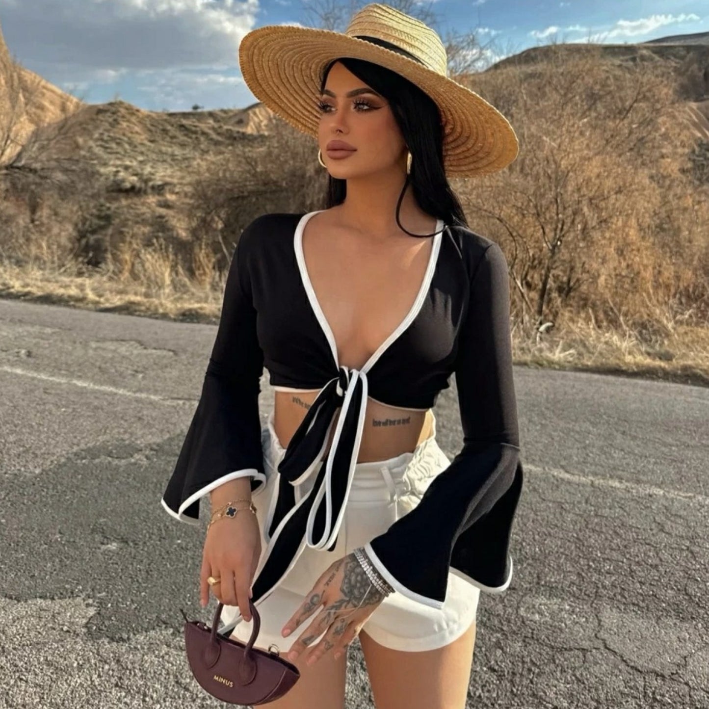 Women Cropped Blouse with Ties and Fashionable Bell Sleeves Ivyshape