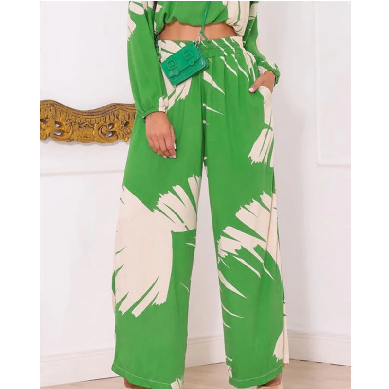 IvyShape | Round Neck Top High Waist Wide Leg Pants Set