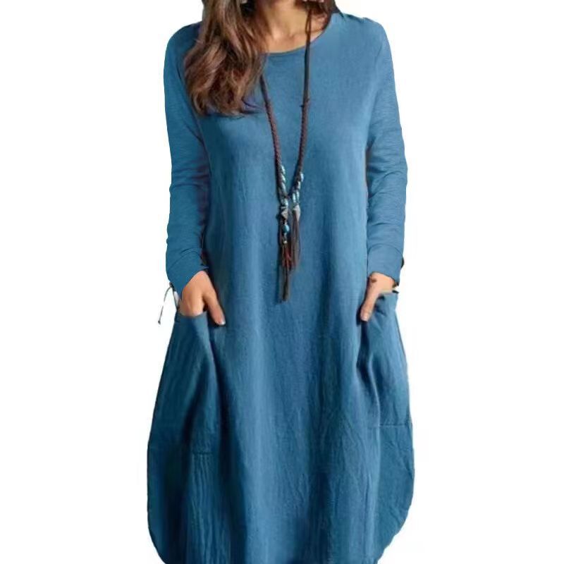 IvyShape | Relaxed Cotton Linen Solid Color Pocket Long Sleeve Dress