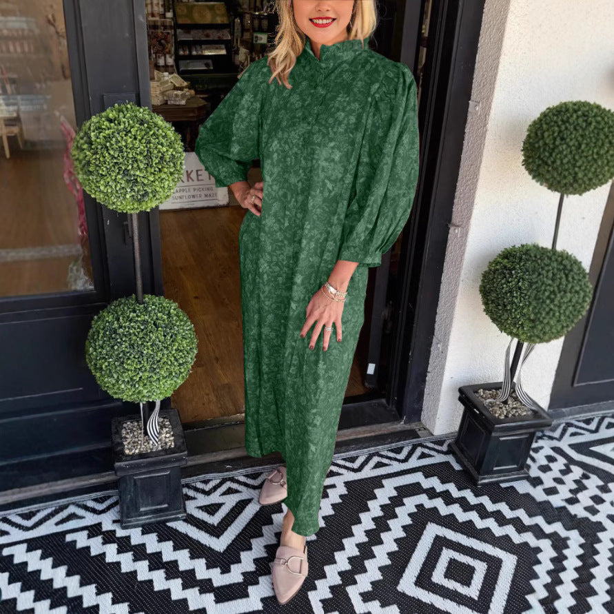 Women Elegant Maxi Dress with Stand Collar and Wide Sleeves Ivyshape
