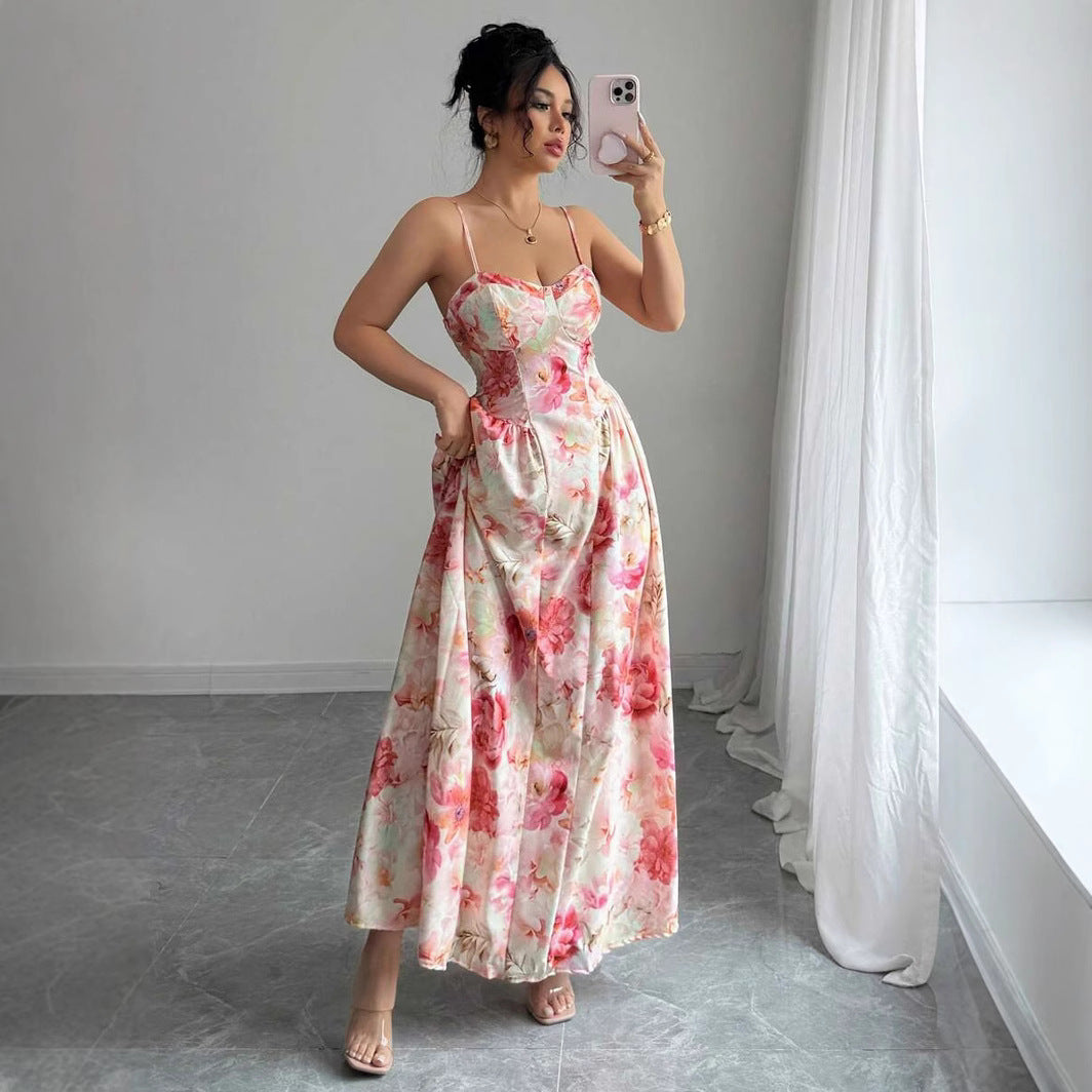 Women's Floral Maxi Dress with Flared Skirt and Thin Straps Ivyshape