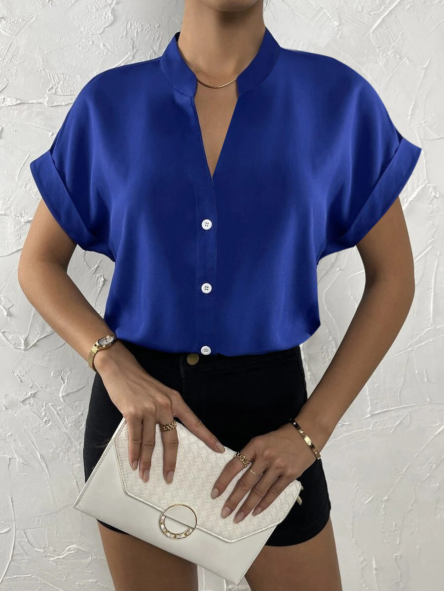 Women Elegant Short Sleeve Blouse with Stand Collar and Subtle Button Details Ivyshape