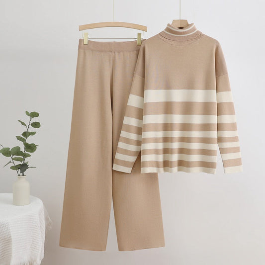 IvyShape | High-neck sweater and wide-cut trousers knit set