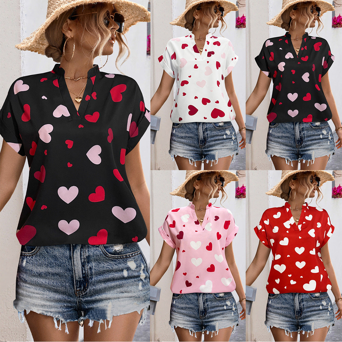 Ladies airy blouse shirt with heart-shaped print and loose fit Ivyshape