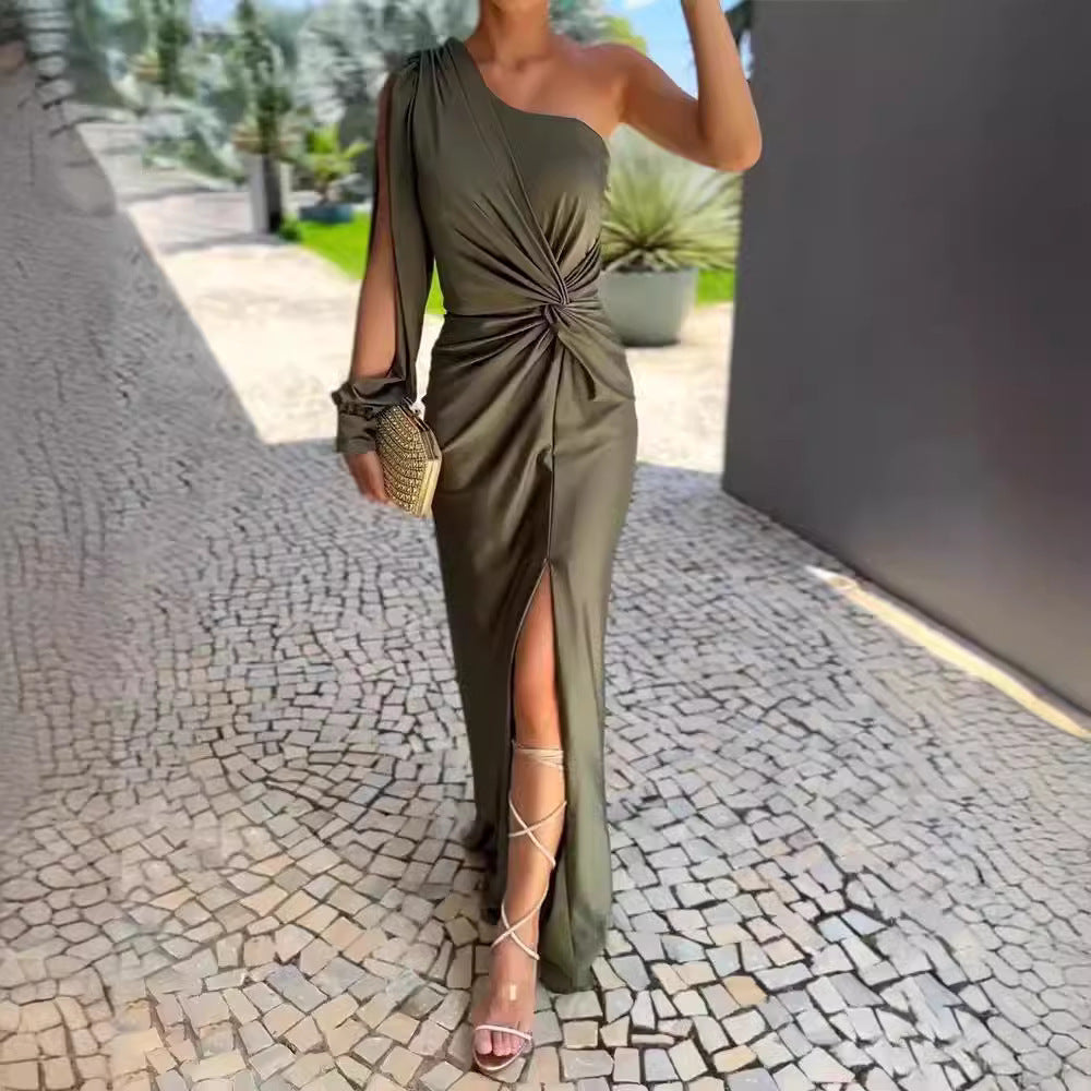 Women Elegant Wrap Dress with Asymmetrical Neckline and Side Slit Ivyshape