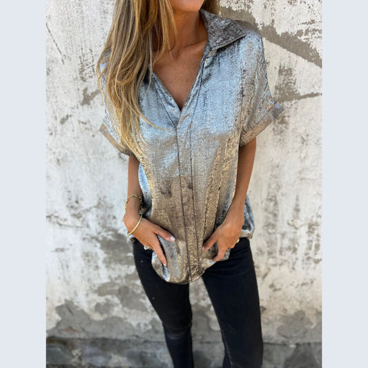 Women Elegant Short Sleeve Blouse made of Shiny Material Ivyshape