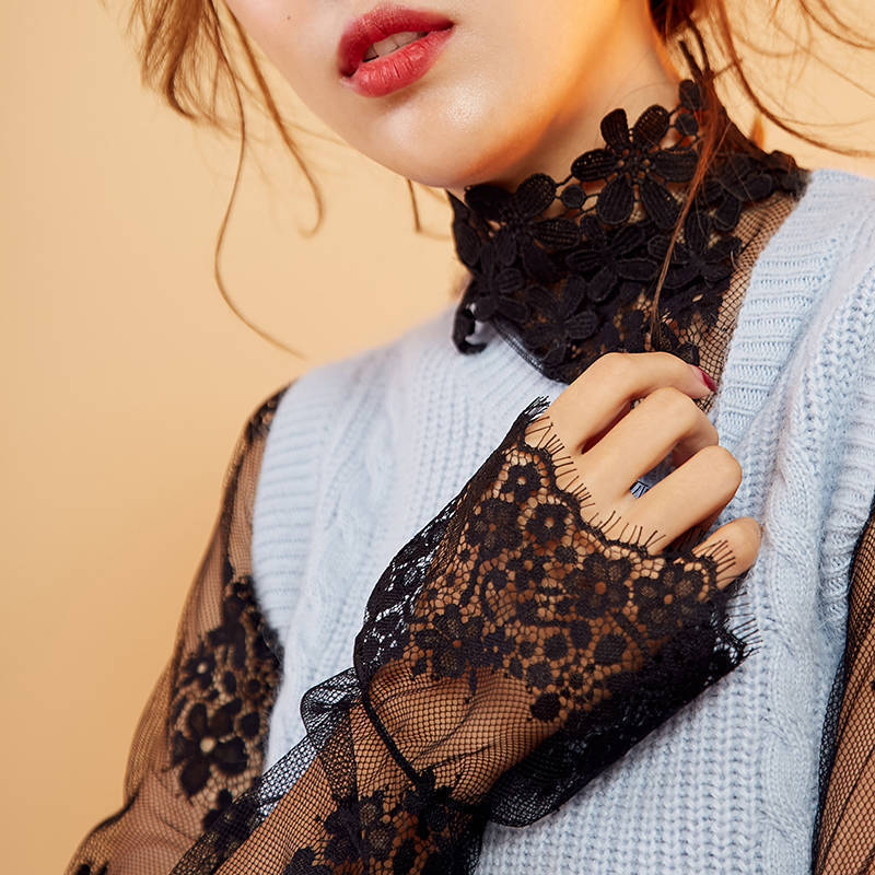 Women Elegant Transparent Blouse with Lace Appliqués Ivyshape