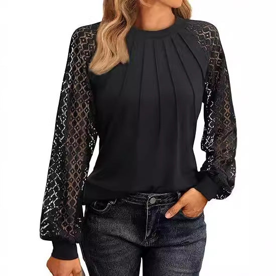 Women Elegant Top with Decorative Lace Sleeves and Gathered Detail Ivyshape