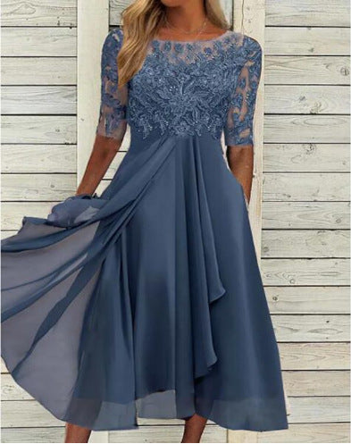 Women Elegant Midi Dress with Lace Sleeves and Swing Skirt Ivyshape