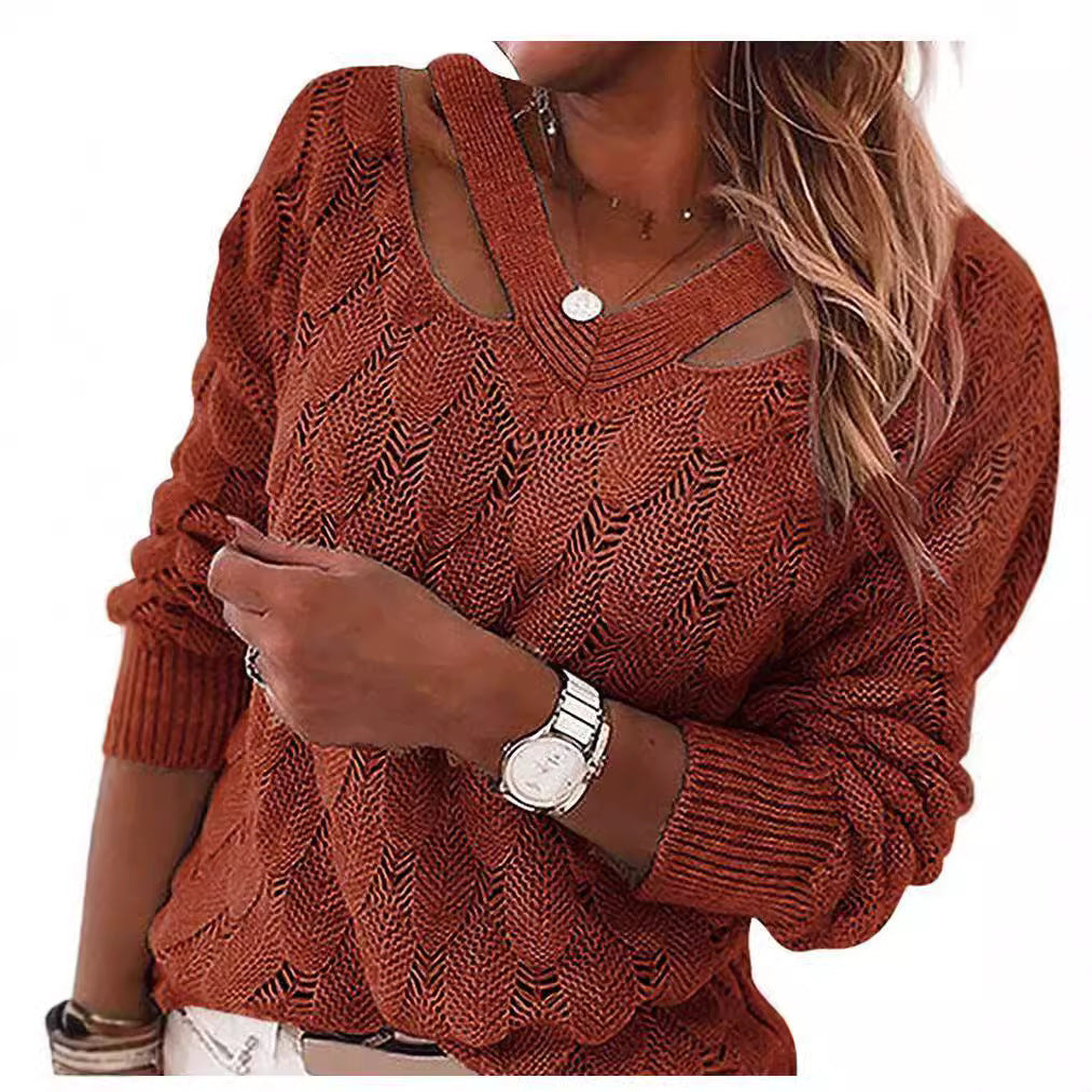 Women's casual knit sweater with V-neck and unique cut-out design Ivyshape