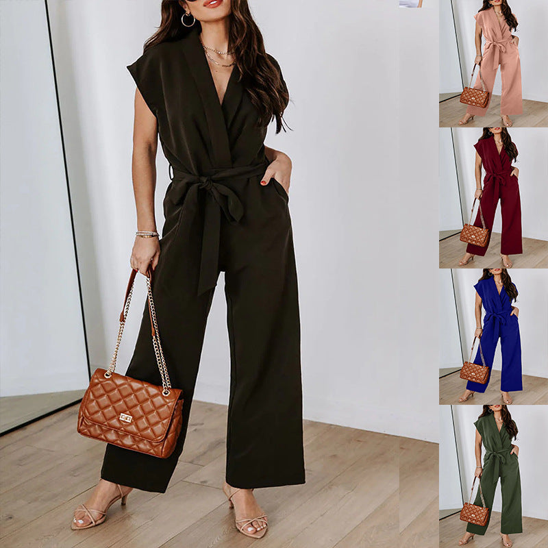 Ladies Elegant Belted Wide Leg Jumpsuit Ivyshape