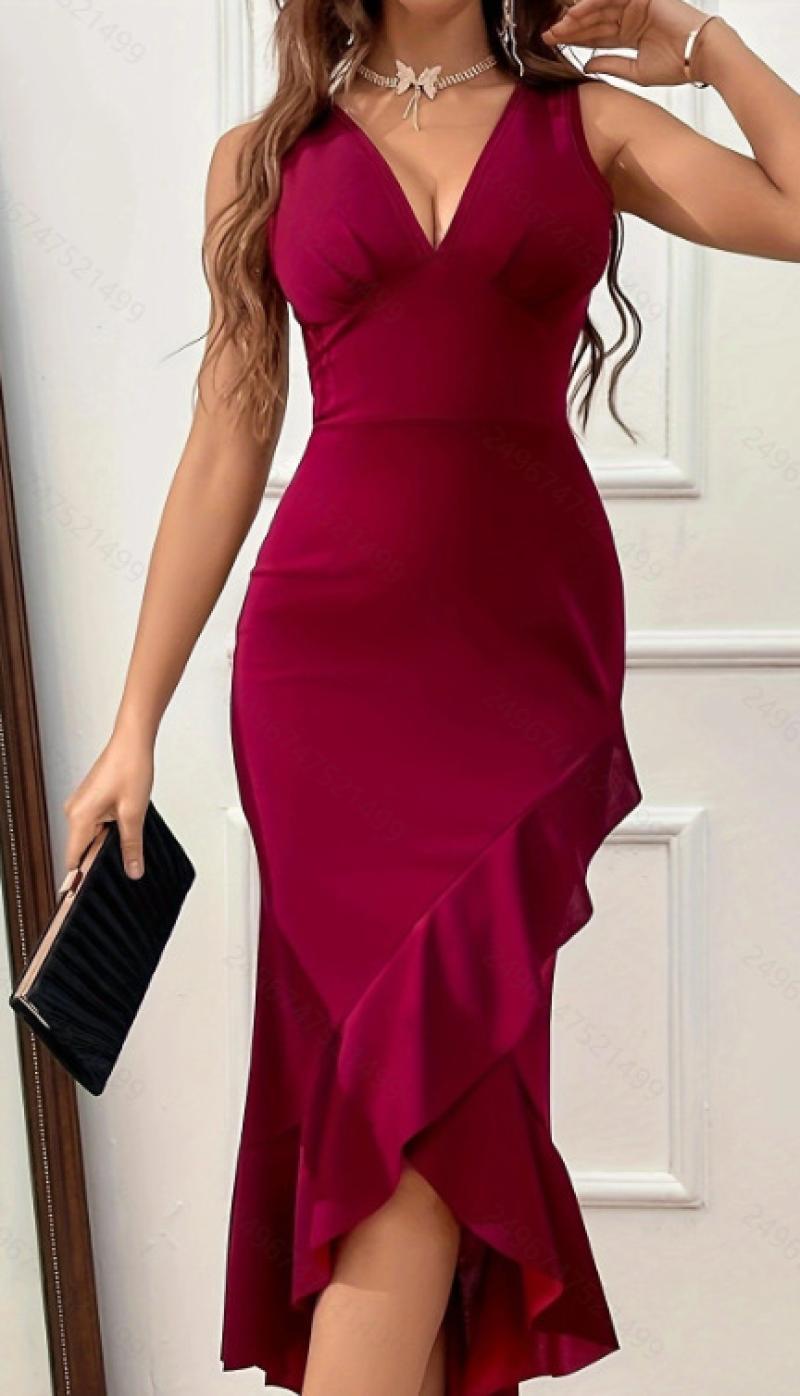 Women Elegant Wrap Dress with Deep V-Neck and Playful Ruffle Hem Ivyshape
