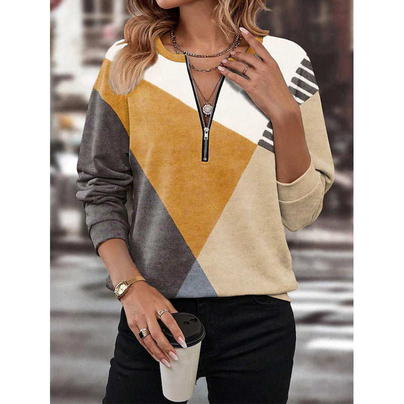 Women Sporty Sweatshirt with Half Zipper and Trendy Contrast Design Ivyshape