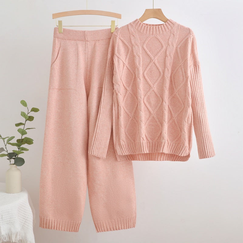 IvyShape | Twisted knit sweater and wide pants set