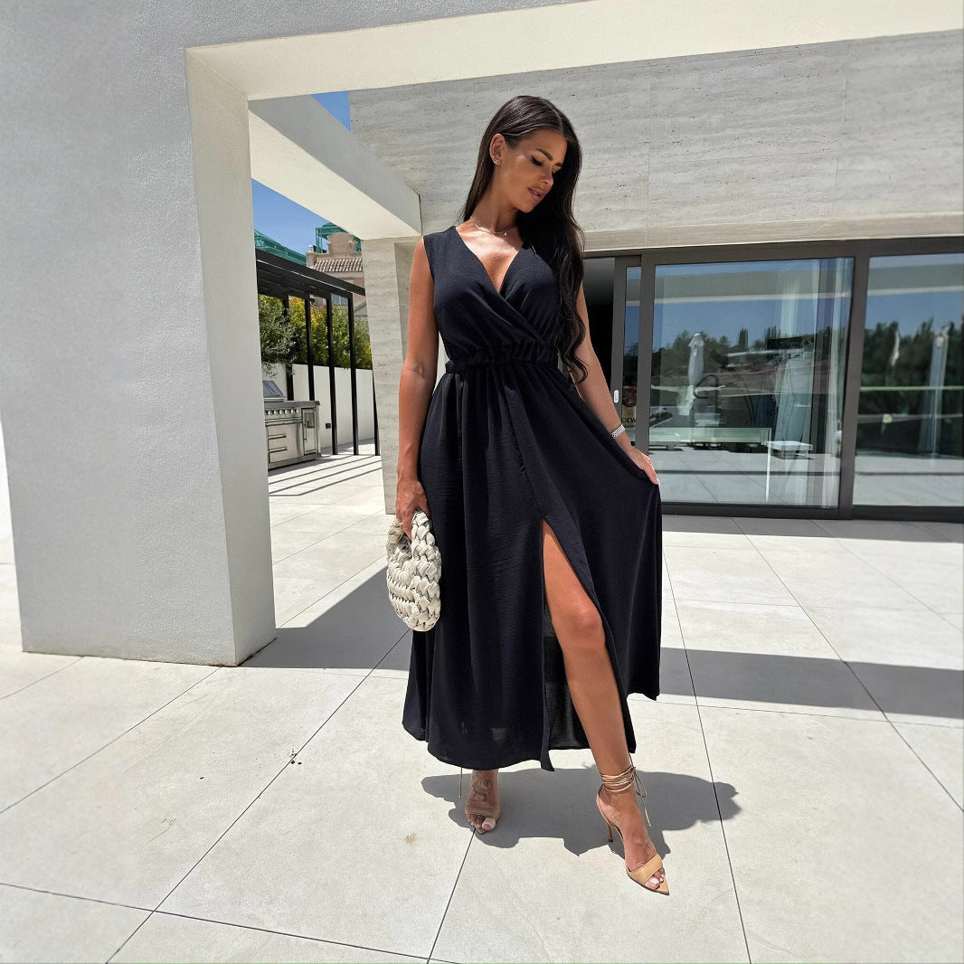 IvyShape | Sleeveless Solid Color Elastic Waist Sexy Slit Maxi Dress