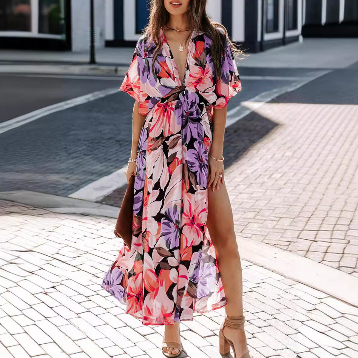 Women’s floral maxi dress with deep V-neck and side slits Ivyshape