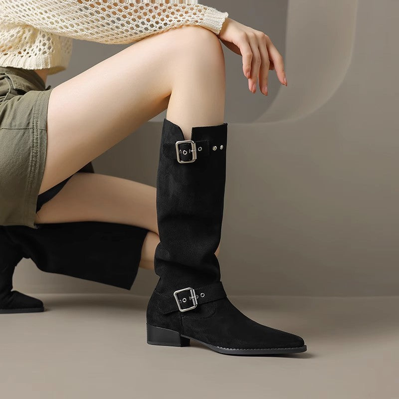 Ladies Over-the-knee boots made of soft nubuck leather with practical buckle details Ivyshape
