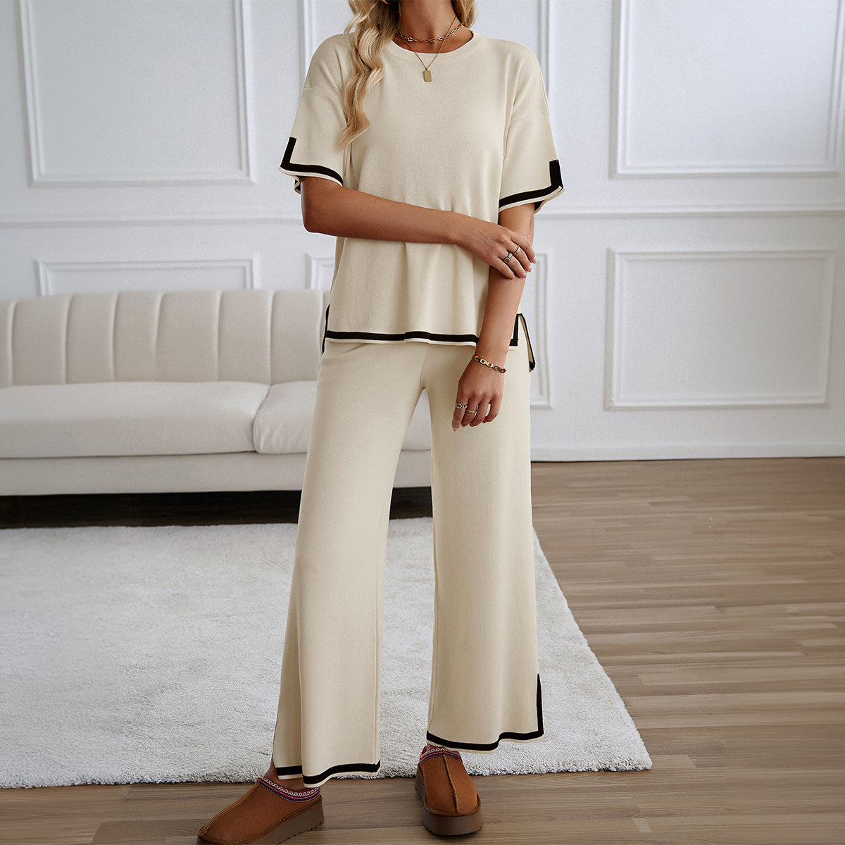 IvyShape | Elegant Casual Short Sleeve Knitted Pants Set