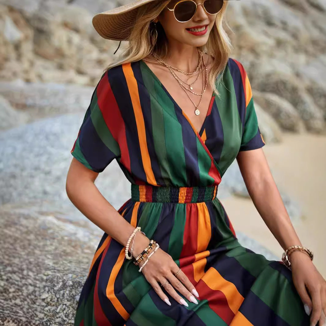 IvyShape | Striped Elastic Waist Seaside Beach Dress