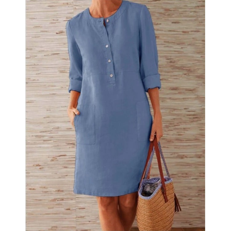 IvyShape | Cotton Linen Round Neck Long Sleeve Midi Dress