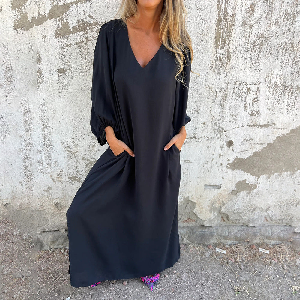 Women's maxi dress with deep V-neck and casual pockets Ivyshape