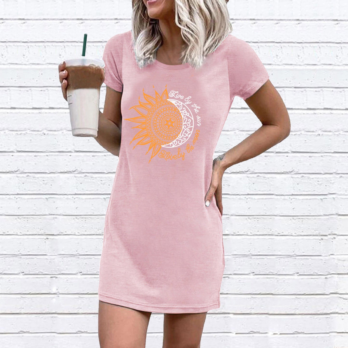 Women's T-shirt dress with creative sun and moon motif Ivyshape