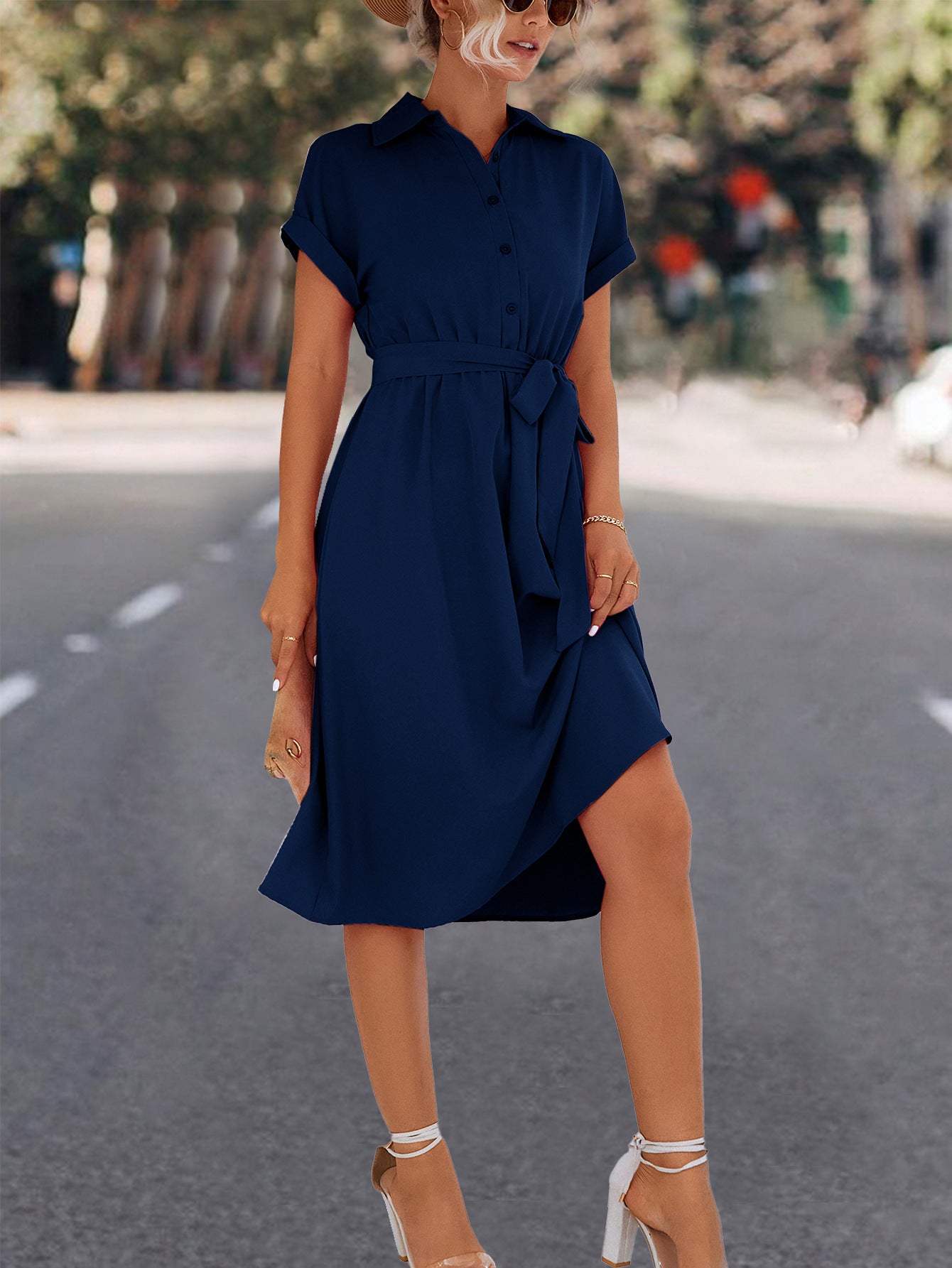Women's Knee-Length Shirt Dress with Waist Belt and Elegant V-Neck Ivyshape