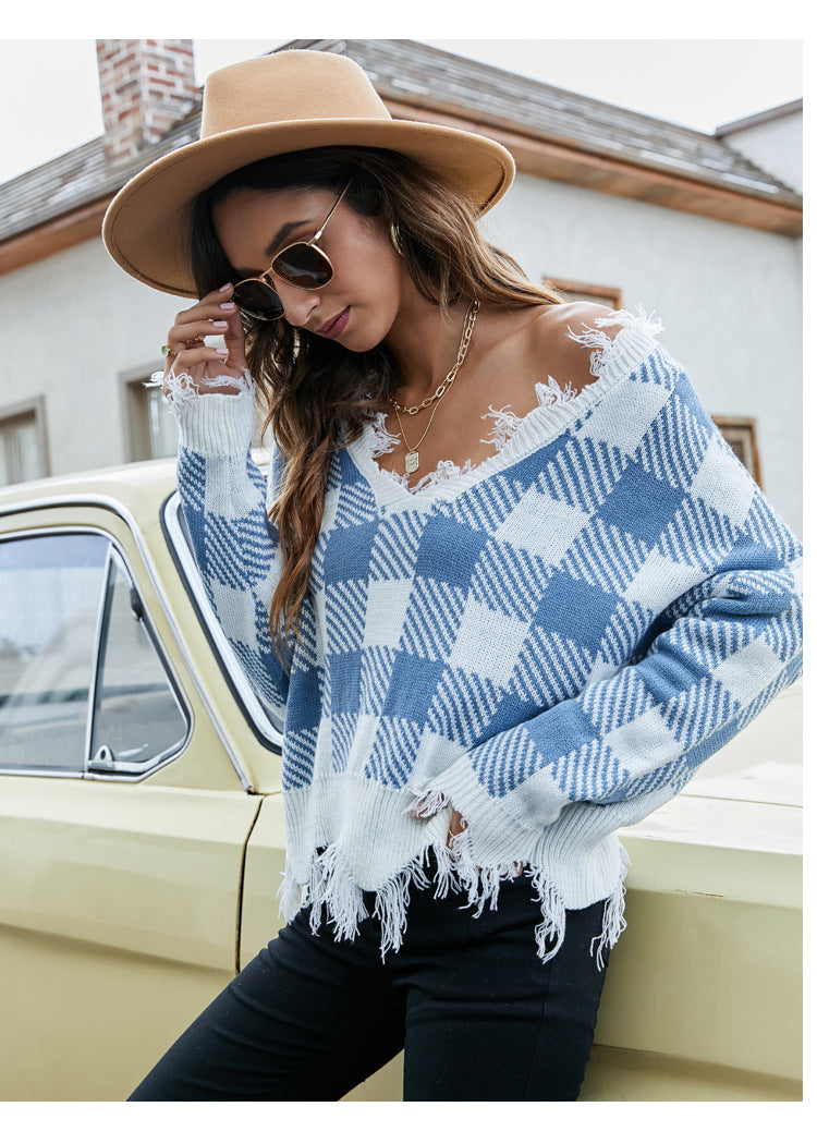 IvyShape | V-neck fringe sweater