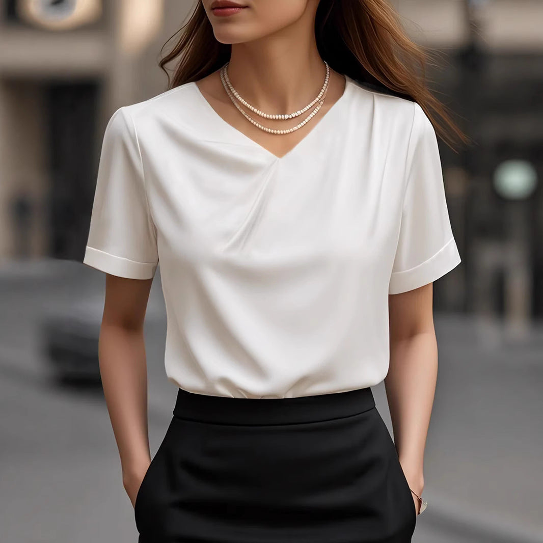 Women Elegant V-Neck Blouse Shirt with Short Sleeve Design Ivyshape