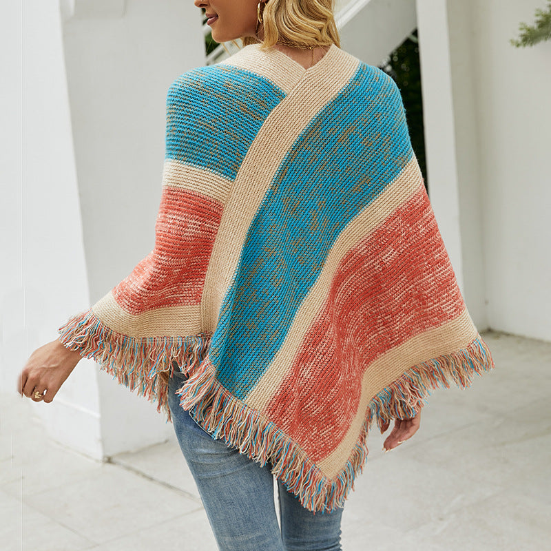 stripe knitted cape fringed cape