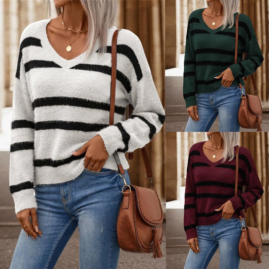 IvyShape | Lazy Striped V-Neck Knitwear