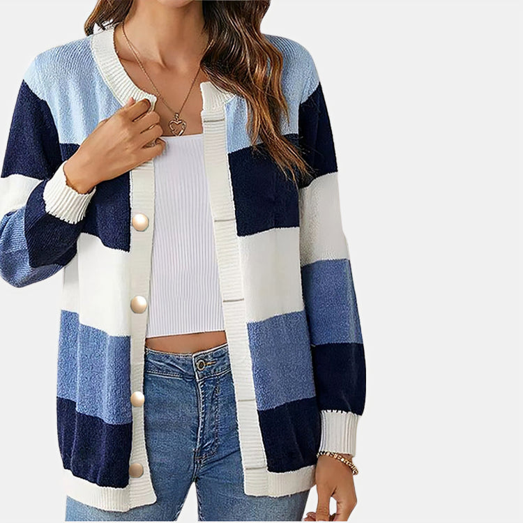 Ivyshape | Women's Buttoned Cardigan Stripes