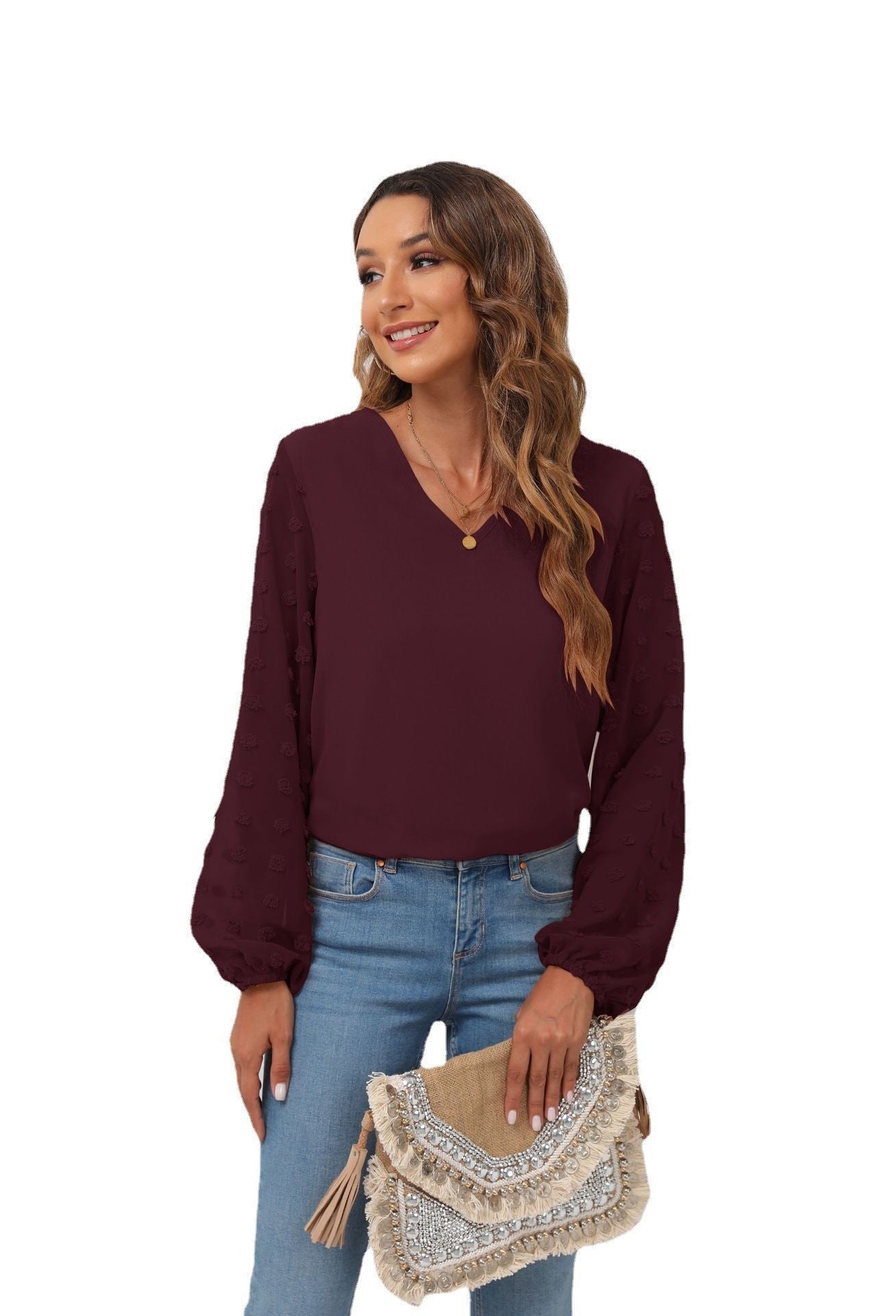 IvyShape | Chiffon Splicing Long Sleeve V-Neck Shirt Top