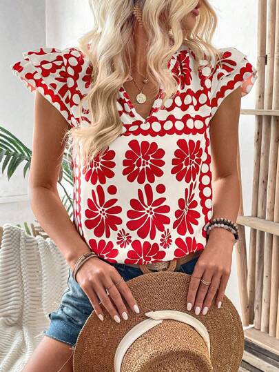 Ladies blouse with floral ruffle details and fresh design Ivyshape