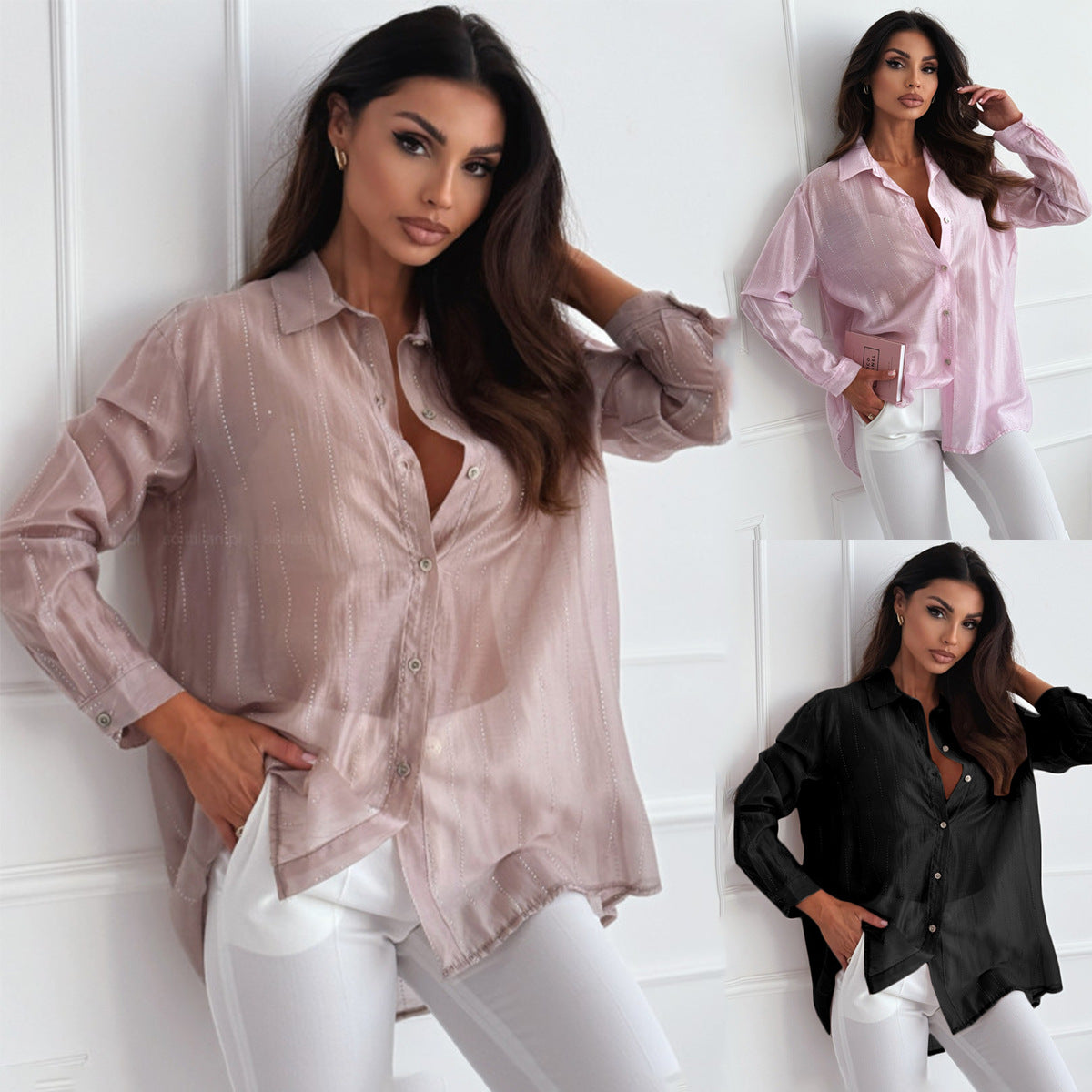 Women Oversized Shirt Blouse with Elegant Button Placket and Fine Shine Ivyshape